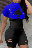 White Casual Polyester Short Sleeve Playing Card Graphic Round Neck Ripped Bodycon Jumpsuit YT3231