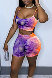 Red Sexy Polyester Tie Dye Sleeveless Cold Shoulder Crop Top Low Waist Shorts Sets YT3230