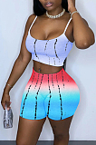 Purple Sexy Polyester Tie Dye Sleeveless Cold Shoulder Crop Top Low Waist Shorts Sets YT3230