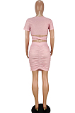 Pink Casual Polyester Mouth Graphic Short Sleeve Round Neck Ruffle Mid Waist Long Dress AA5160