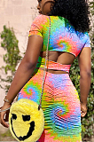 Multi Casual Polyester Tie Dye Short Sleeve Round Neck Hollow Out Ruffle Tee Top Bodycon Skirt Sets AA5150