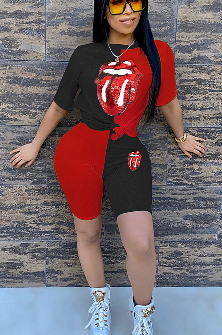 Black Red Casual Polyester Mouth Graphic Short Sleeve Round Neck Spliced Tee Top Shorts Sets AA5158
