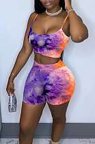 Purple Sexy Polyester Tie Dye Sleeveless Cold Shoulder Crop Top Low Waist Shorts Sets YT3230