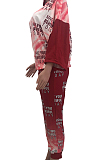 Red Casual Polyester Printed Nine Points Sleeve Hoodie Long Pants Sets YX9221