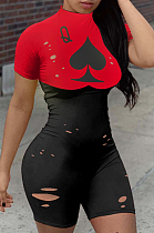 Red Casual Polyester Short Sleeve Playing Card Graphic Round Neck Ripped Bodycon Jumpsuit YT3231