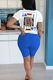 Blue Casual Polyester Short Sleeve Round Neck Tee Top Shorts Sets YYF8098