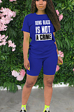 Black Casual Polyester Letter Short Sleeve Round Neck Tee Top Shorts Sets YYF8102