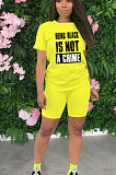Black Casual Polyester Letter Short Sleeve Round Neck Tee Top Shorts Sets YYF8102