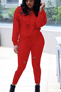 Red Casual Polyester Long Sleeve Hoodie Long Pants Sets YYF8106
