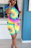 Pink Yellow Casual Polyester Tie Dye Short Sleeve Round Neck Tee Top Shorts Sets YYF8100
