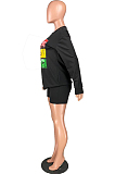Black Casual Polyester Cartoon Graphic Long Sleeve Round Neck Tee Top Shorts Sets W8301