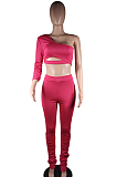 Rose Red Sexy Polyester Sleeveless Ruffle Tank Top Long Pants Sets C3012
