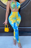 Sexy Polyester Tie Dye Short Sleeve Backless Bodycon Jumpsuit QZ3305