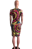 Multi Casual Polyester Short Sleeve Round Neck Shift Dress OMM1151