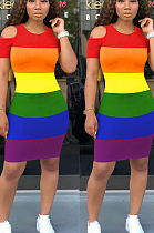 Casual Polyester Rainbow Stripe Short Sleeve Round Neck Shift Dress OMM1153
