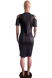 Black Casual Polyester Short Sleeve Round Neck Shift Dress OMM1152
