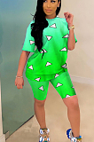 Green Casual Polyester Geometric Graphic Short Sleeve Round Neck Tee Top Shorts Sets YYF8089