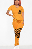 Yellow Casual Polyester Leopard Short Sleeve V Neck Spliced Tee Top Long Pants Sets OMY8068
