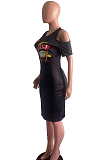 Black Casual Polyester Short Sleeve Round Neck Shift Dress OMM1152