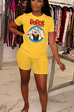 Yellow Casual Polyester Cartoon Graphic Short Sleeve Round Neck Tee Top Shorts Sets YYF8095