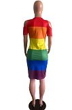 Casual Polyester Rainbow Stripe Short Sleeve Round Neck Shift Dress OMM1153