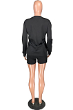 Black Casual Polyester Cartoon Graphic Long Sleeve Round Neck Tee Top Shorts Sets W8301