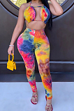 Sexy Polyester Tie Dye Short Sleeve Backless Bodycon Jumpsuit QZ3305