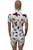 White Casual Polyester Animal Graphic Short Sleeve High Neck All Over Print Romper LD8754