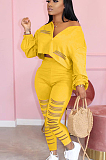 Yellow Casual Polyester Long Sleeve Ripped Utility Blouse Long Pants Sets AMM8253