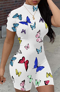 White Casual Polyester Animal Graphic Short Sleeve High Neck All Over Print Romper LD8754