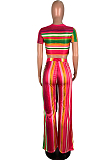 Rose Red Casual Polyester Striped Short Sleeve Round Neck Knotted Strap Tee Top Long Pants Sets AMM8134