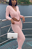 Pink Casual Polyester Long Sleeve Ruffle Utility Blouse Long Pants Sets LD8764