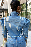 Casual Long Sleeve Lapel Neck Distressed Ripped Crop Top SMR9639