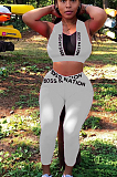 White Casual Polyester Letter Sleeveless Tank Top Long Pants Sets AMM8257