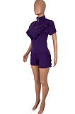 Purple Casual Polyester Short Sleeve Flounce Utility Blouse Shorts Sets ML7343