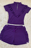 Purple Casual Polyester Short Sleeve Flounce Utility Blouse Shorts Sets ML7343