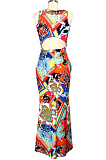 Multi Casual Polyester Sleeveless Round Neck Tie Front Long Dress SMR9647