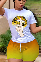 Yellow Casual Polyester Mouth Graphic Short Sleeve Round Neck Tee Top Shorts Sets ML7345