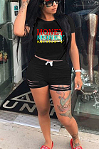 Black Casual Polyester Letter Short Sleeve Round Neck Tee Top Shorts Sets AMM8252