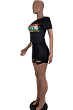 Black Casual Polyester Letter Short Sleeve Round Neck Tee Top Shorts Sets AMM8252