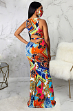 Multi Casual Polyester Sleeveless Round Neck Tie Front Long Dress SMR9647