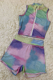 Blue Casual Polyester Tie Dye Sleeveless Tank Top Shorts Sets ML7346