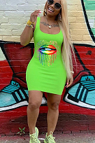 Green Casual Polyester Mouth Graphic Sleeveless Round Neck Mini Dress ML7342