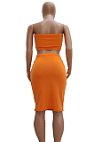 Sexy Polyester Pure Color Bandeau Bra Midi Skirt Sets TRS1050