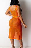 Orange Sexy Polyester Sleeveless Round Neck Tank Top Midi Skirt Sets CCY8525