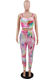 Colours Casual Polyester Tie Dye Sleeveless Spaghetti Strap  Open Back Tank Top Long Pants Sets CCY8556