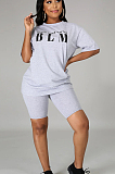 Green Casual Polyester Letter Short Sleeve Round Neck Tee Top Shorts Sets CCY8605