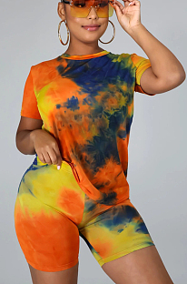 Orange Casual Polyester Tie Dye Short Sleeve Round Neck Tee Top Shorts Sets CCY8582