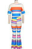Multi Casual Polyester Striped Short Sleeve Round Neck Tie Front Tee Top Flare Leg Pants Sets SMR9636