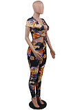 Flower Color Sexy Polyester Floral Short Sleeve Self Belted Utility Blouse Long Pants Sets CCY8537